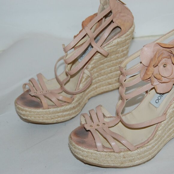 40/9❤️ JIMMY CHOO Nude Leather High Wedge Heels Flora Sandals BOOTS ITALY - Picture 3 of 10